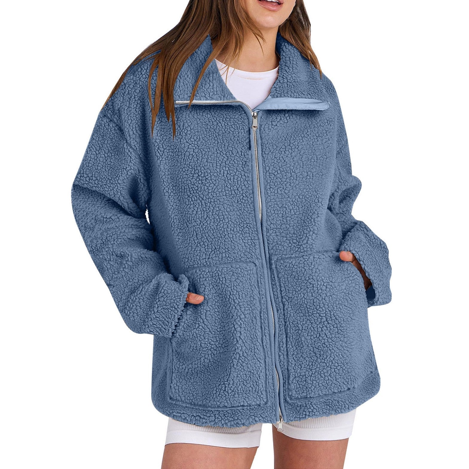 Adamina - Fluffy Wool Coat with High Collar for Women