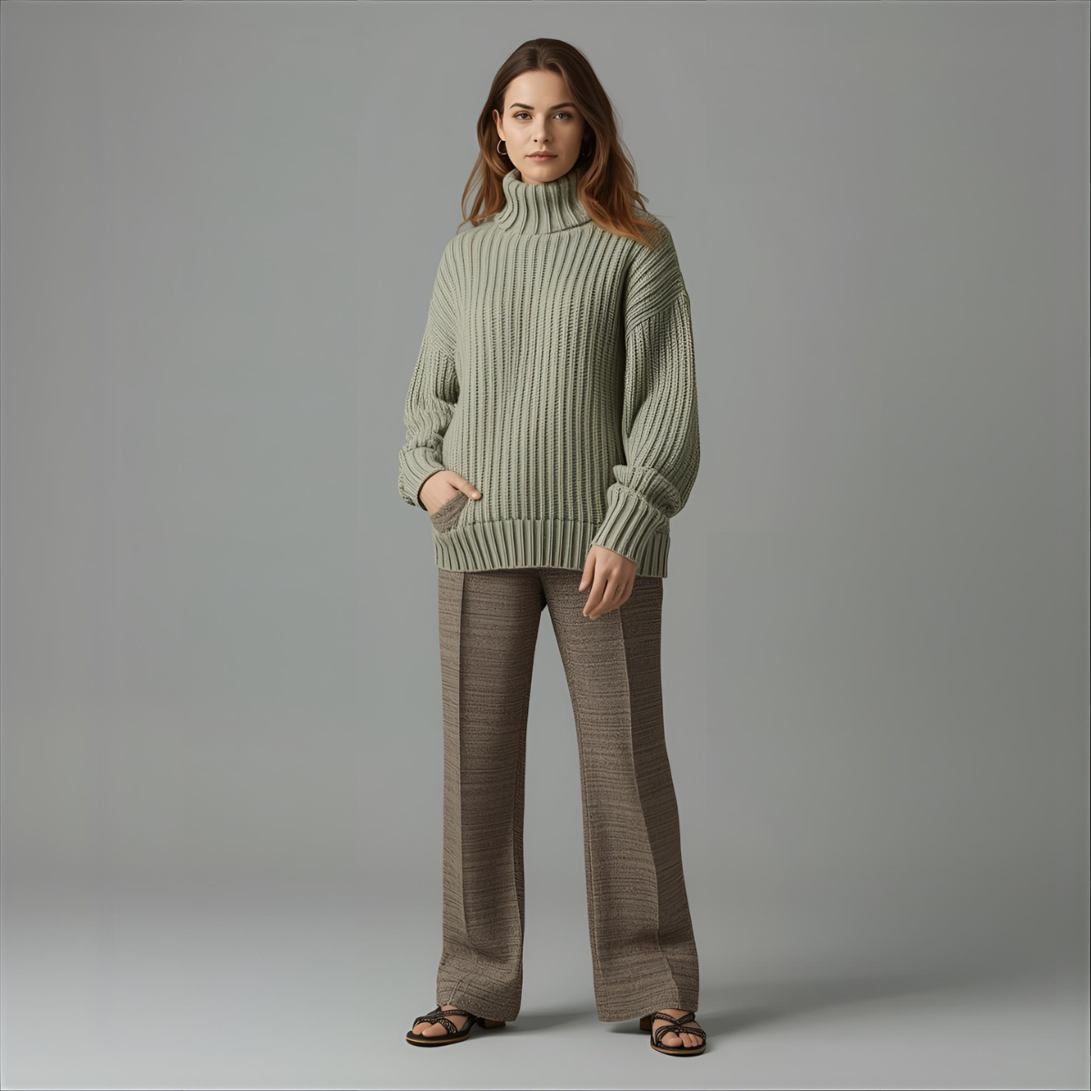 AMORIA | Oversized Sage Green Knit Sweater Women