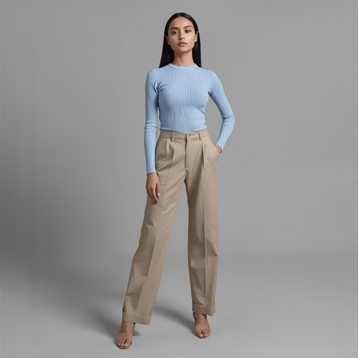 ELIANE | Light Sky Blue Ribbed Long Sleeve Top Women