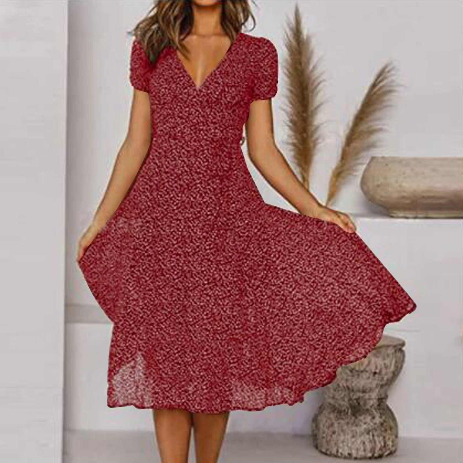 A-Line Dress with V-Neck and Flowing Skirt Women