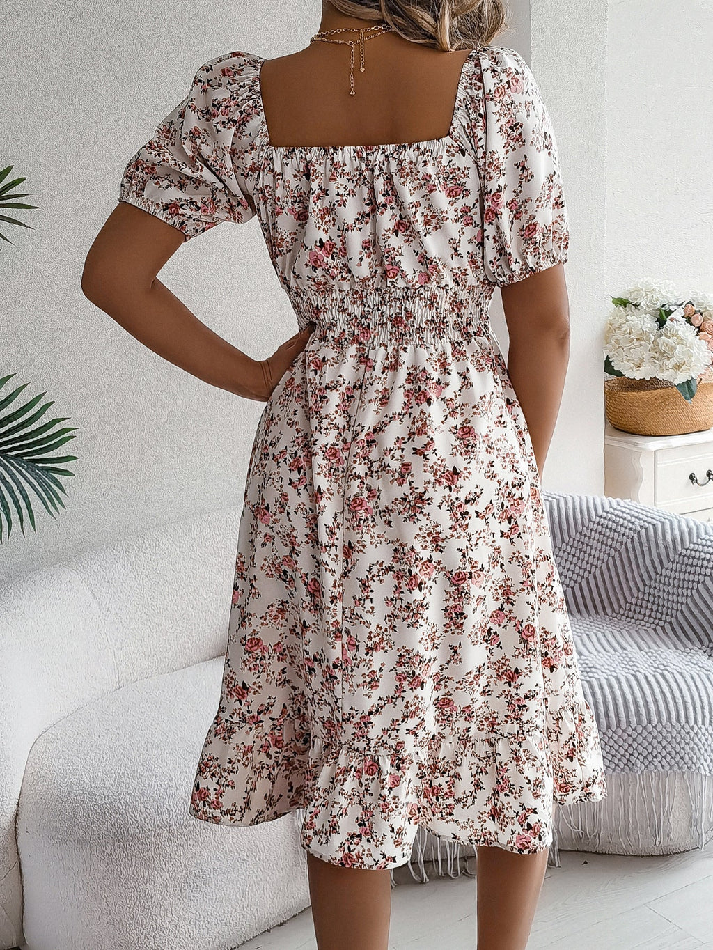 Floral Dress with Square Neckline, Ruffles and High Waist | Women