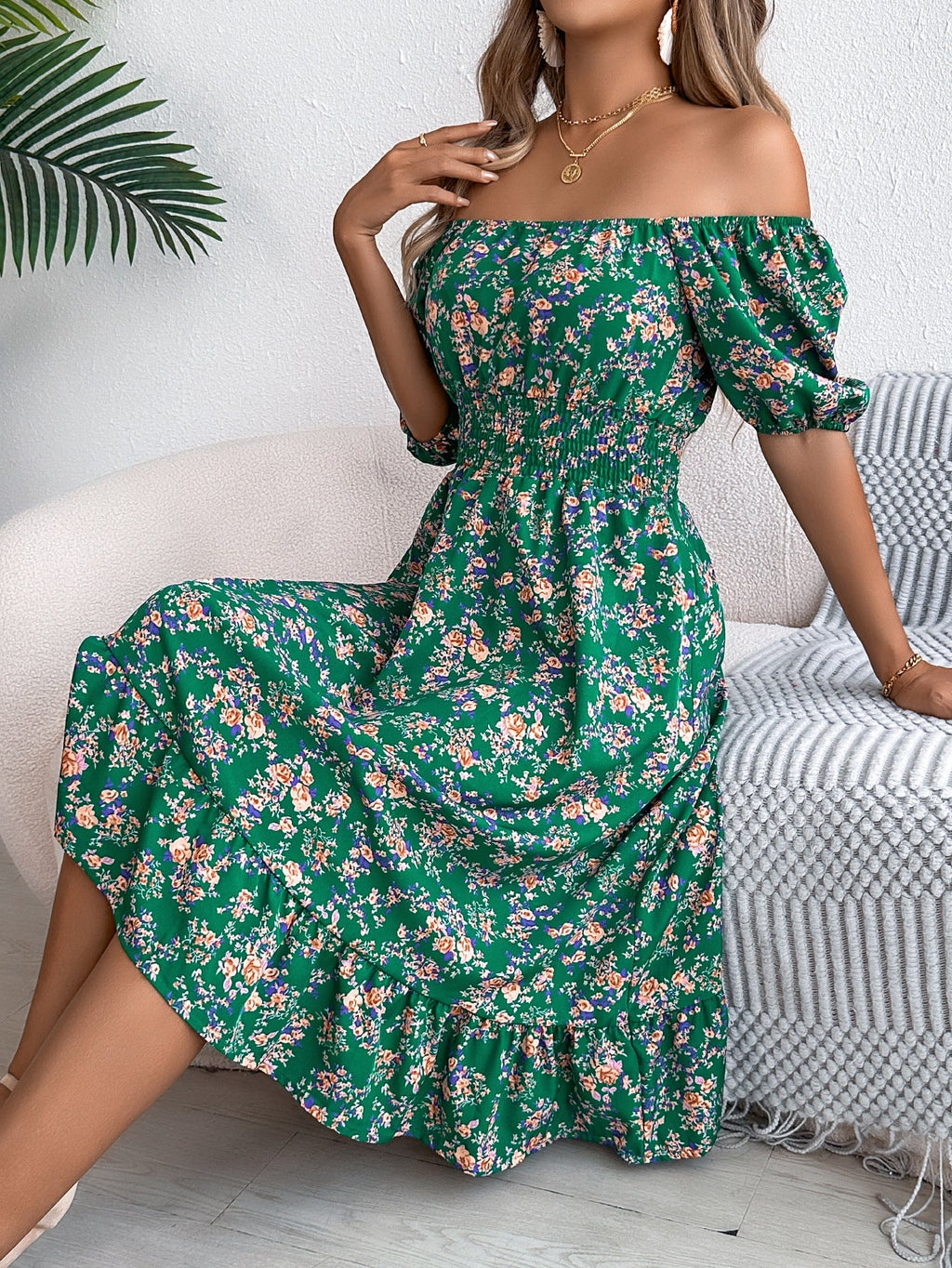 Floral Dress with Square Neckline, Ruffles and High Waist | Women