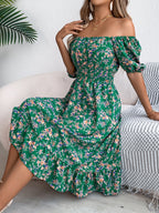 Floral Dress with Square Neckline, Ruffles and High Waist | Women