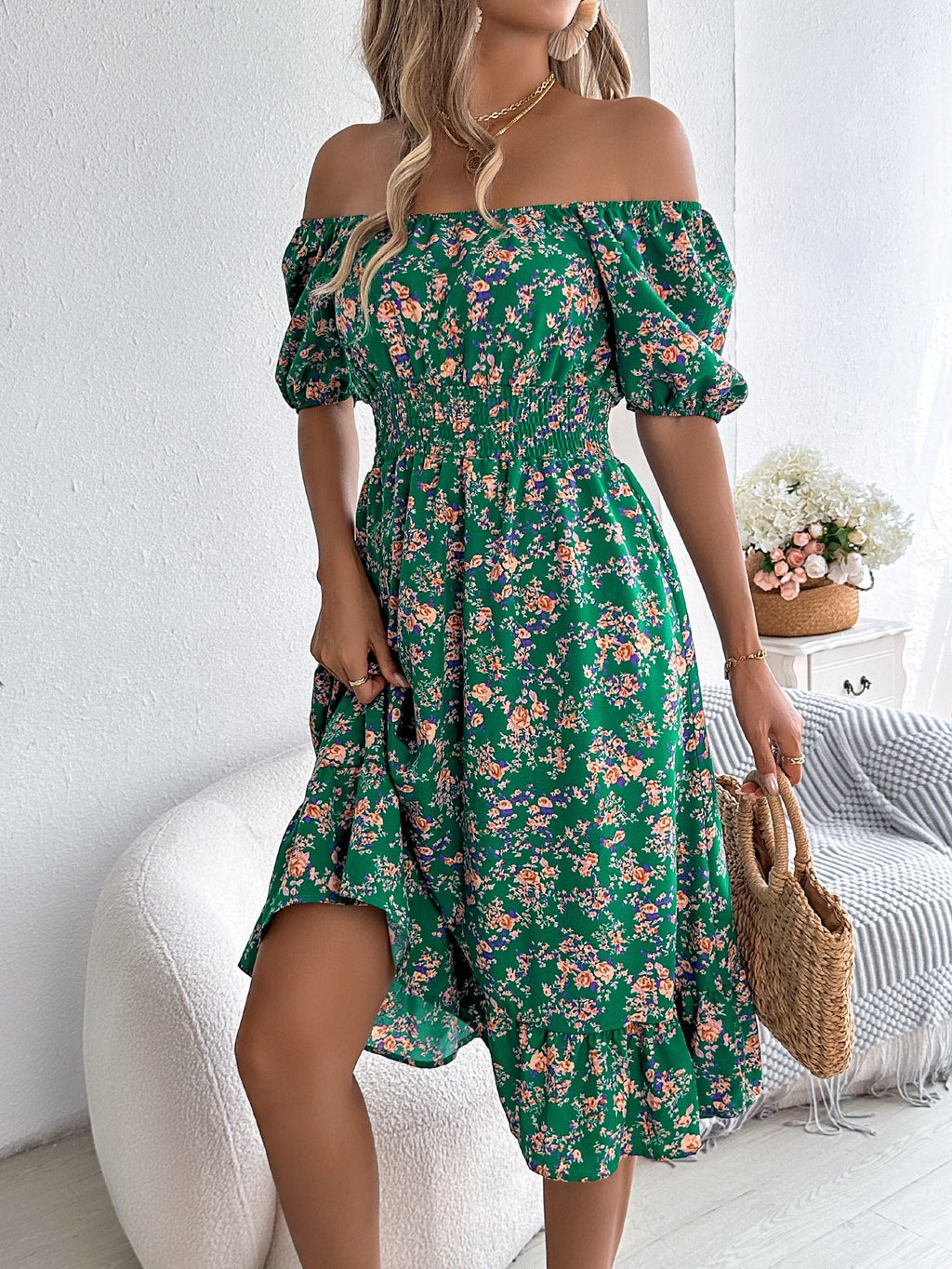 Floral Dress with Square Neckline, Ruffles and High Waist | Women
