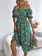 Floral Dress with Square Neckline, Ruffles and High Waist | Women