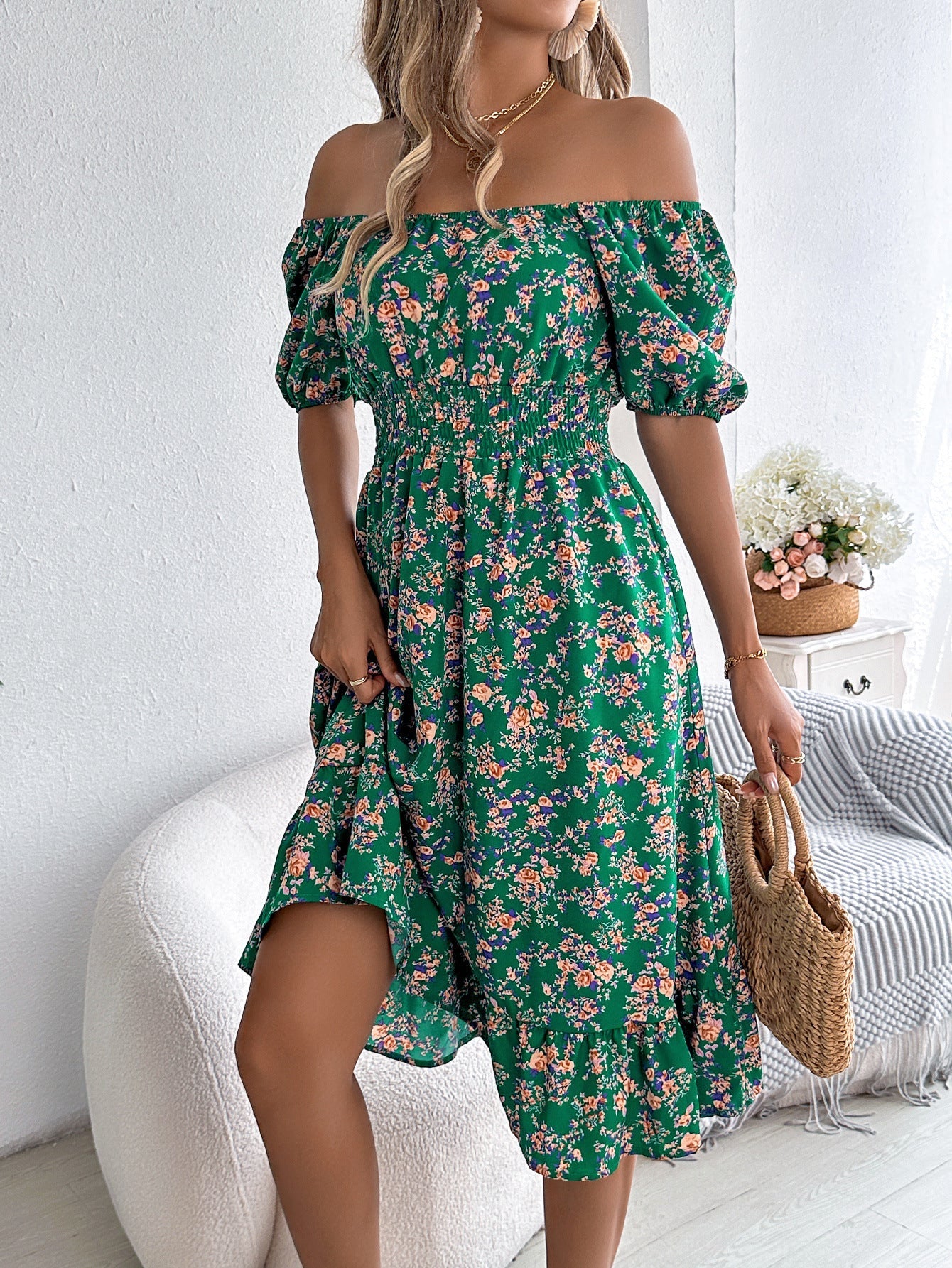 Floral Dress with Square Neckline, Ruffles and High Waist | Women