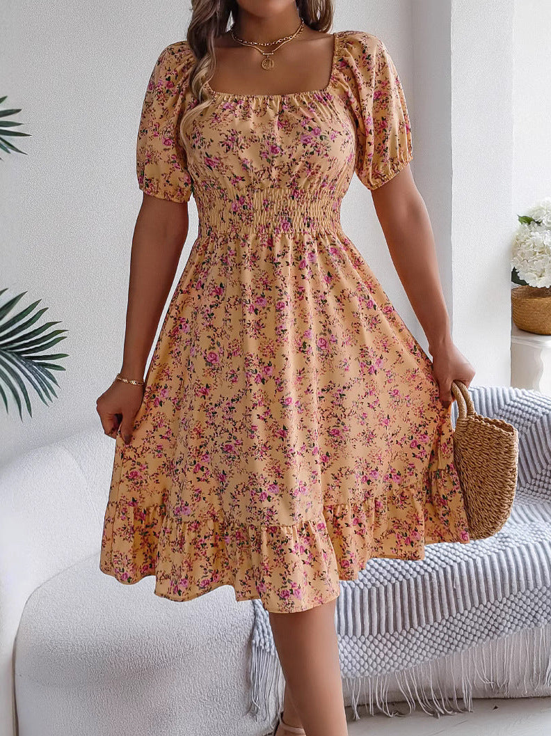 Floral Dress with Square Neckline, Ruffles and High Waist | Women