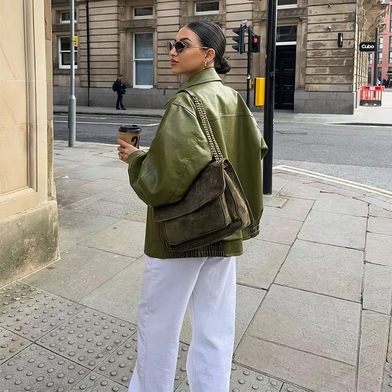 Army Green Oversized Leather Jacket
