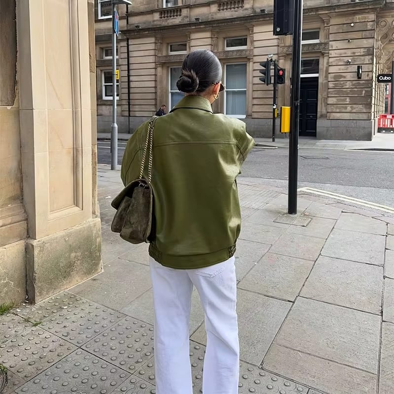 Army Green Oversized Leather Jacket