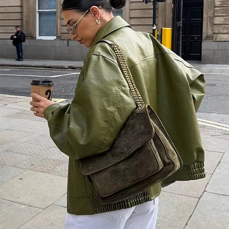 Army Green Oversized Leather Jacket