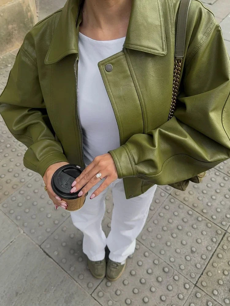 Army Green Oversized Leather Jacket