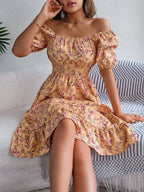 Floral Dress with Square Neckline, Ruffles and High Waist | Women