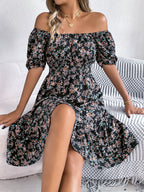 Floral Dress with Square Neckline, Ruffles and High Waist | Women