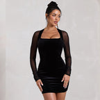 Women's Autumn Tulle Dress with Cut-Out Panels, Long Sleeves, Square Neckline, and High Waist