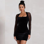 Women's Autumn Tulle Dress with Cut-Out Panels, Long Sleeves, Square Neckline, and High Waist