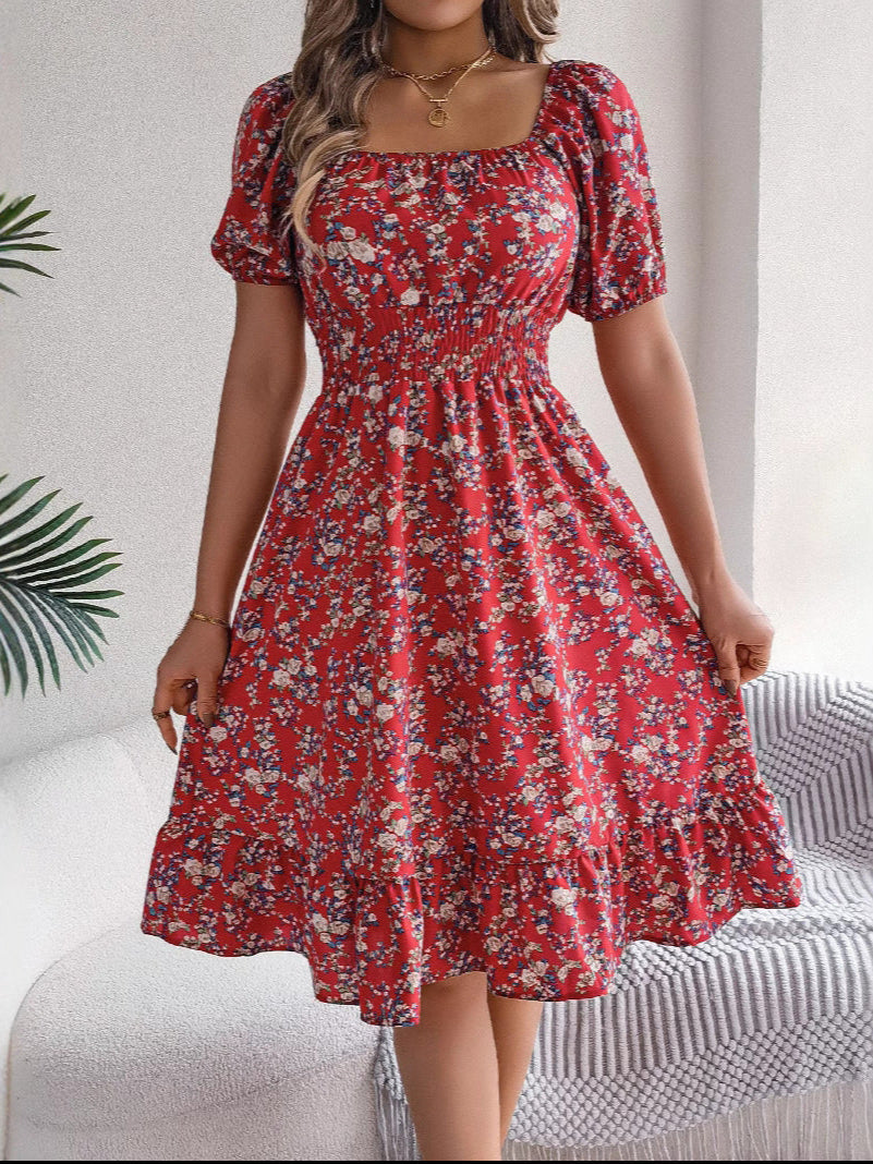 Floral Dress with Square Neckline, Ruffles and High Waist | Women