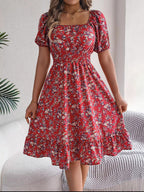 Floral Dress with Square Neckline, Ruffles and High Waist | Women