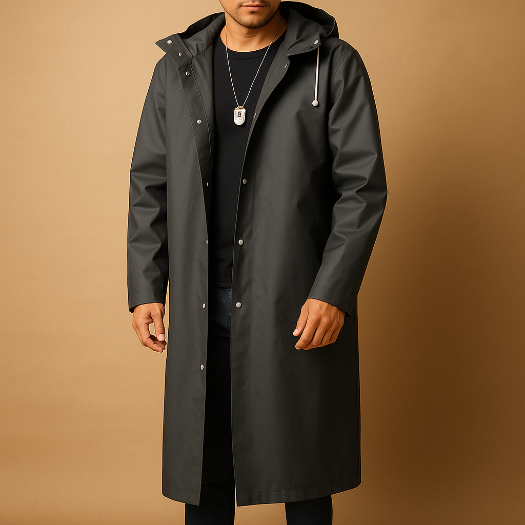Men's Long Waterproof Raincoat with Hood - Lined Outdoor Jacket