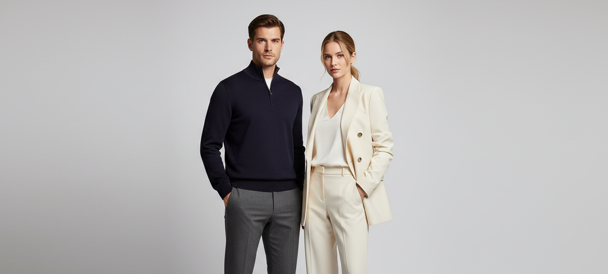 man wearing half zip up dark blue sweater and woman wearing creme blazer, light grey background photoshoot like